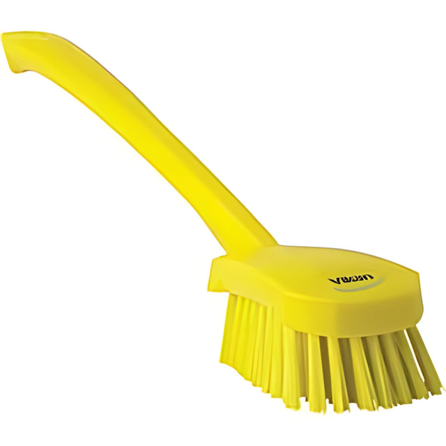 Vikan Long Handle Brush, Stiff Bristles, 15-1/2" Long, Yellow- 1 Ea