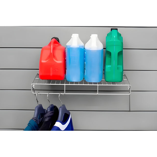 Grey PVC Slatwall Shelf & Basket Kit – 25 Pieces | Comtrad, PVC slatwall shelf and basket accessory kit for compatible wall storage systems - Pack of 25