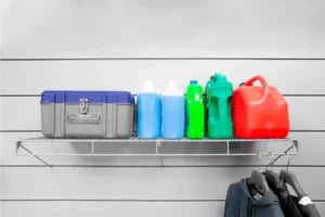 Grey PVC Slatwall Shelf and Basket Kit – 5 Pieces | Comtrad - PVC slatwall shelf and basket kit for compatible wall storage systems