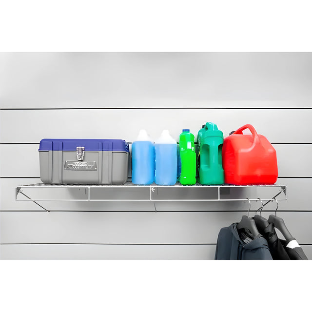 Grey PVC Slatwall Shelf and Basket Kit – 5 Pieces | Comtrad, PVC slatwall shelf and basket kit for compatible wall storage systems - Pack of 5