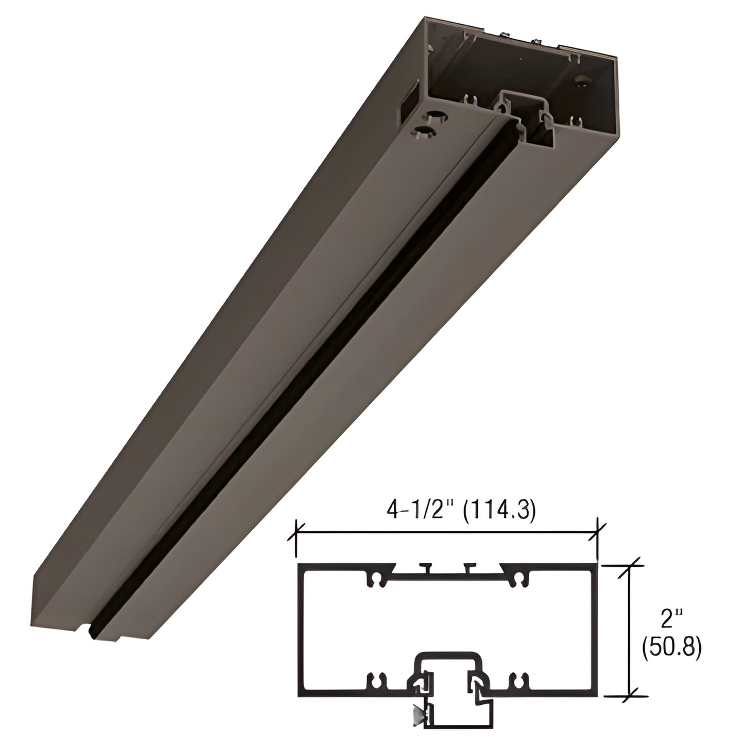 Black bronze anodized 4-1/2" x 2" pivot door header with snap-in door stop and weatherstrip, fits 36-42" openings