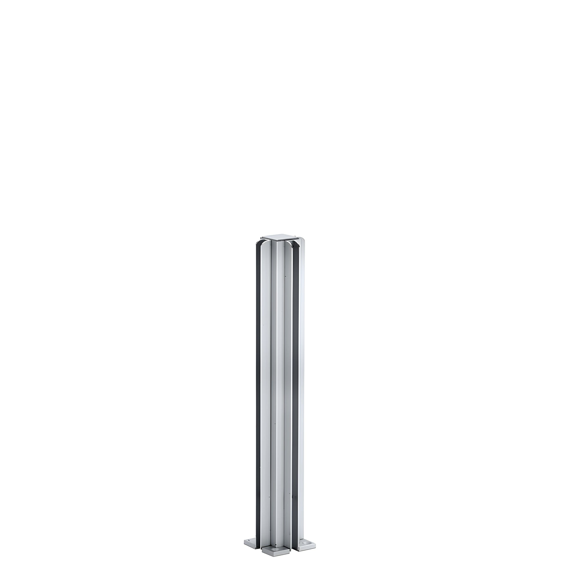 Satin anodized aluminum 4-way square partition post with full-length glazing channels, 12 in, mounting base.