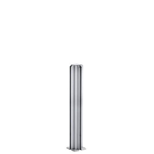 Satin anodized aluminum 4-way square partition post with full-length glazing channels, 12 in, mounting base.