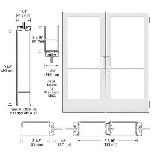 CRL CD42452 white Kynar double commercial entrance door with 9-1/2" ADA bottom rail, 3-1/2" stiles, glass-ready.