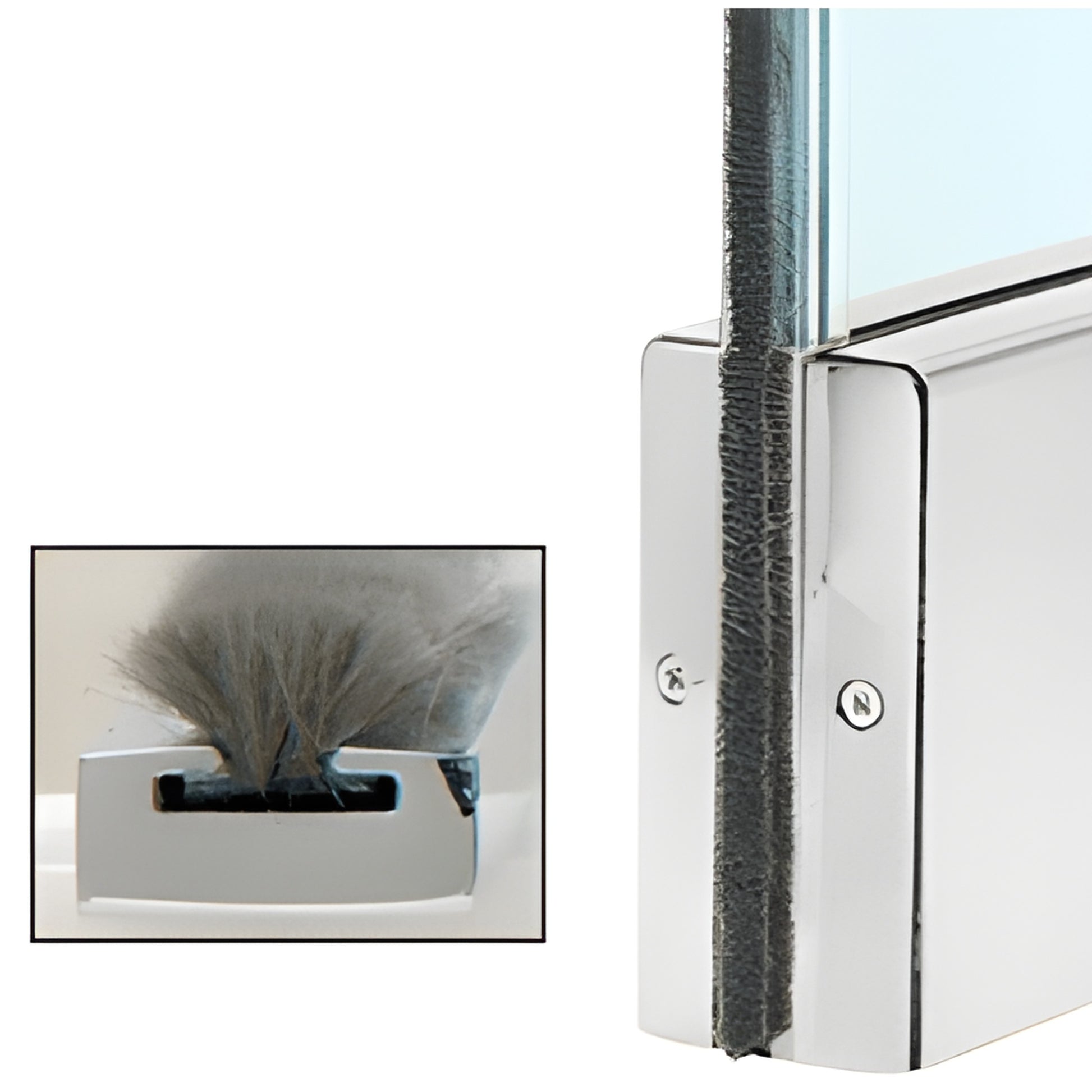 Polished stainless steel all-glass door weatherstrip with wool-pile seal for 1/2" (12 mm) glass, edge-mounted.