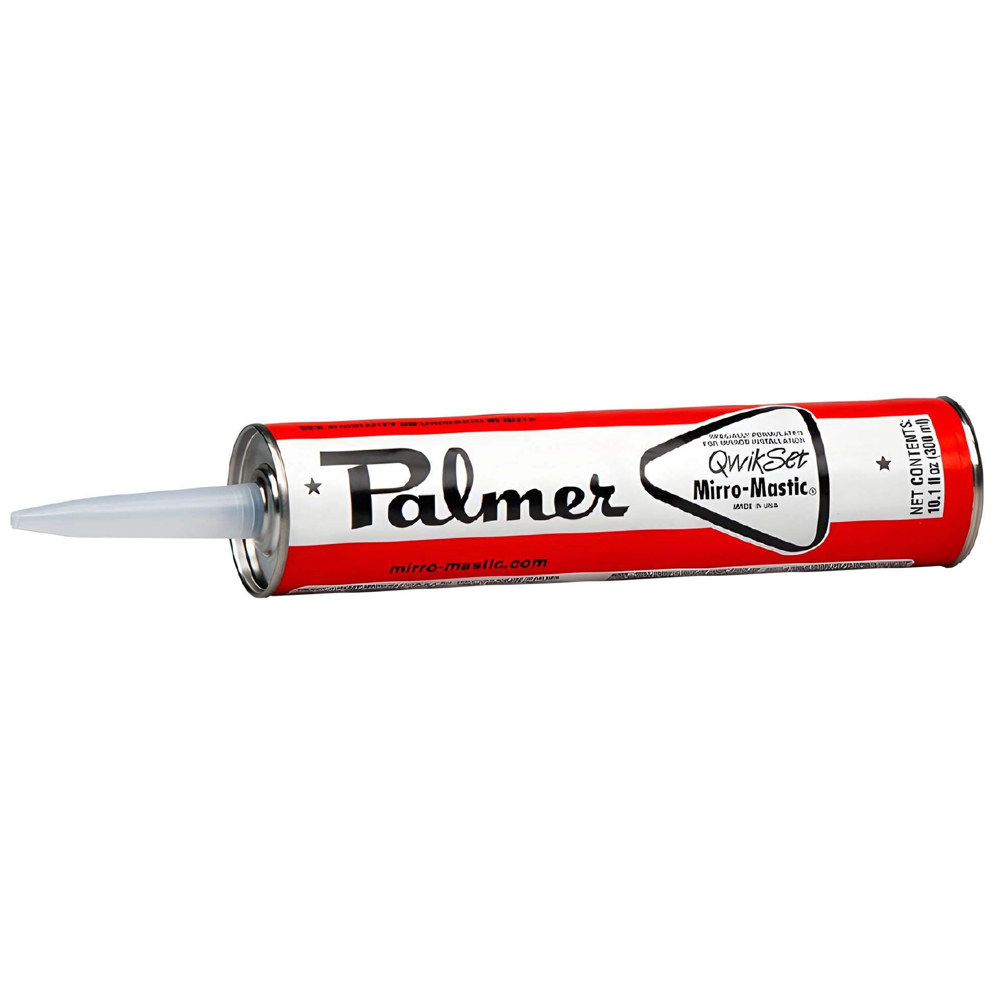 Palmer QwikSet Mirro-Mastic adhesive cartridge SKU PM711N, red/white tube with tapered nozzle.