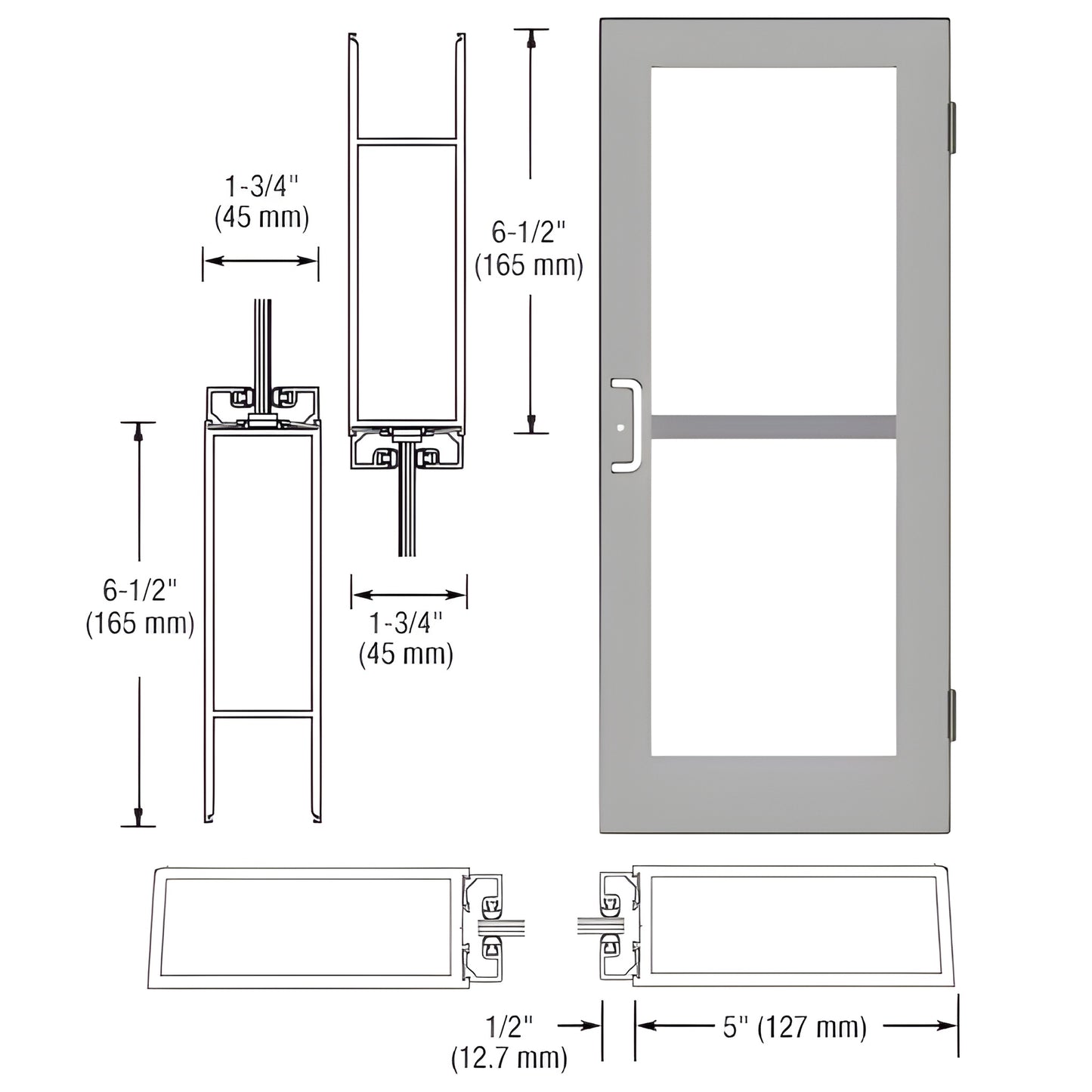 DZ51411 clear-anodized wide-stile commercial entrance door with glass panel, 5" stiles and dimensional technical drawings.