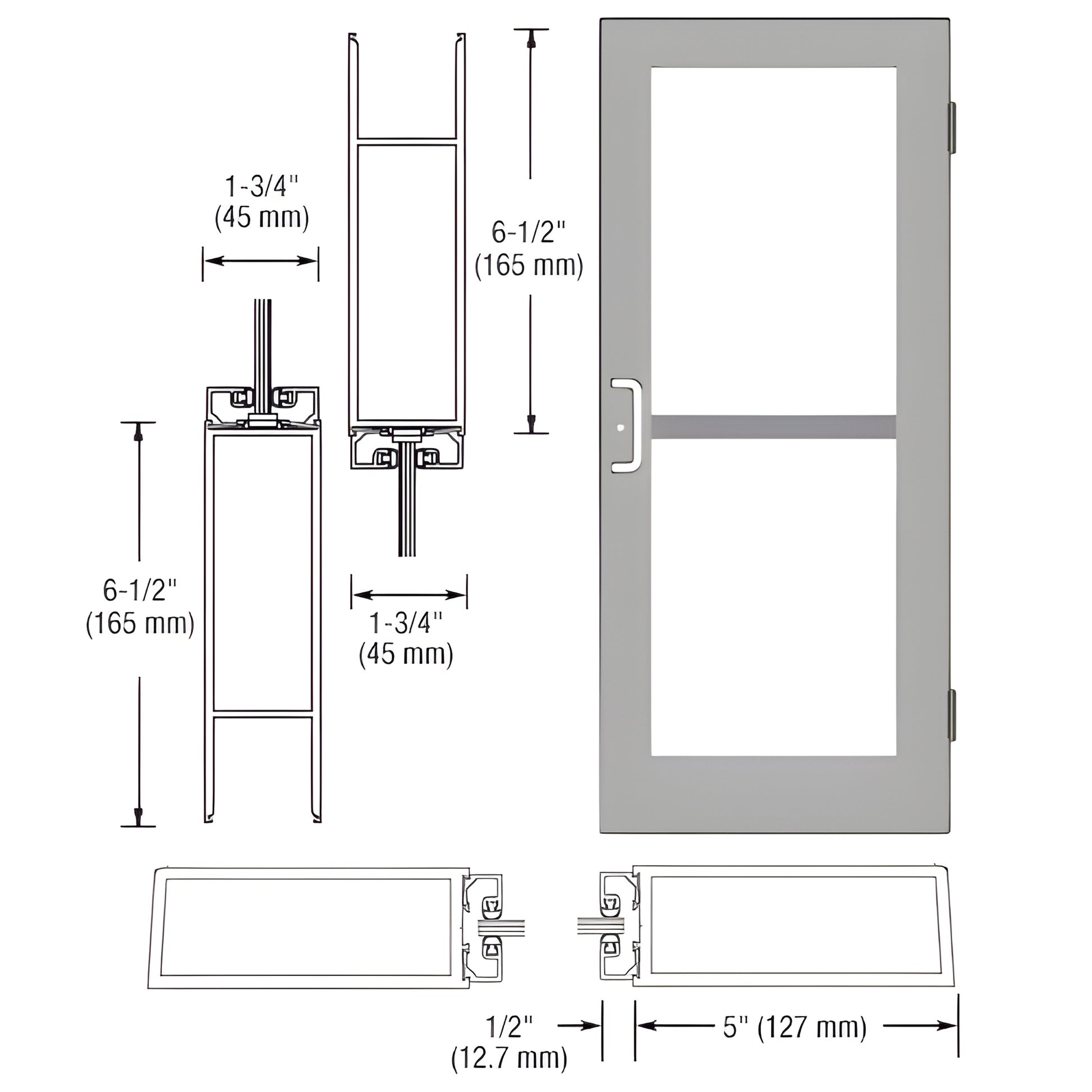 DZ51411 clear-anodized wide-stile commercial entrance door with glass panel, 5" stiles and dimensional technical drawings.