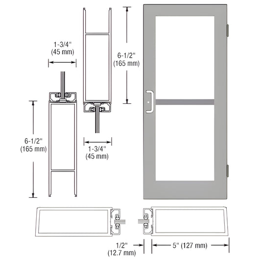 DZ51411 clear-anodized wide-stile commercial entrance door with glass panel, 5" stiles and dimensional technical drawings.