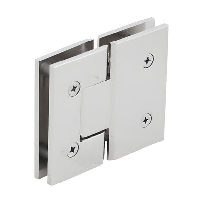 V1E580PN polished nickel square glass-to-glass shower hinge, brass, for 3/8-1/2" tempered glass, self-centering.