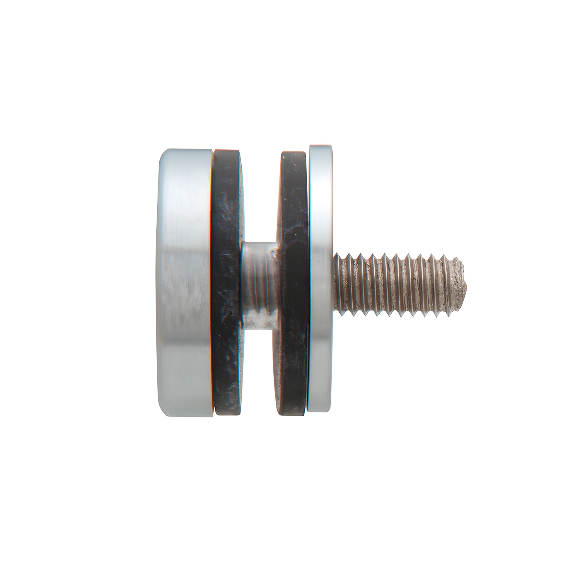 Brushed stainless steel replacement cap and washer kit (F40SKBS) with rubber spacers and threaded stud for glass door pulls.