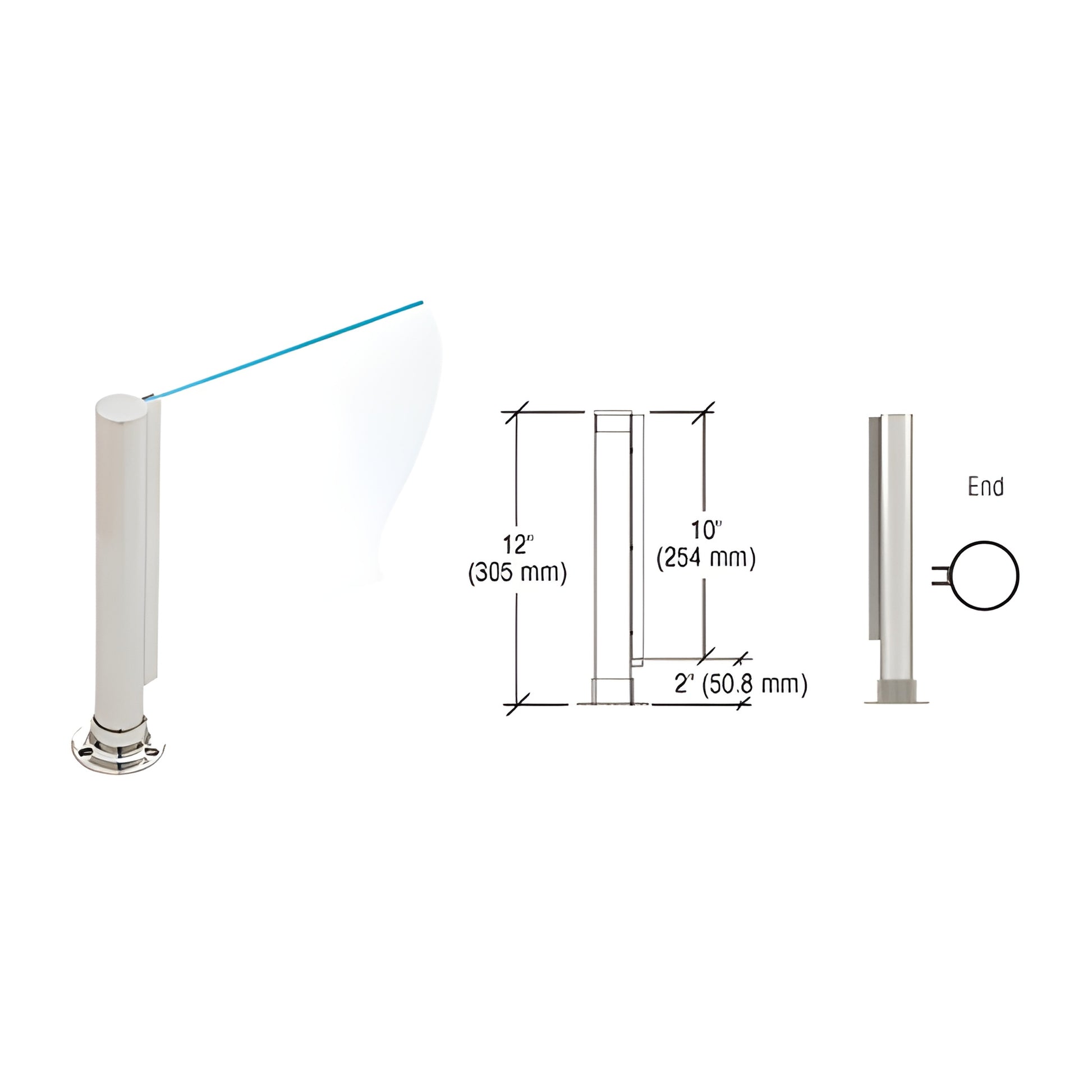 PP01EBS 12" brushed stainless round end post with flat cap, 1/4" glass U-channel and round adhesive flange