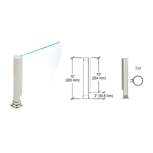 PP01EBS 12" brushed stainless round end post with flat cap, 1/4" glass U-channel and round adhesive flange