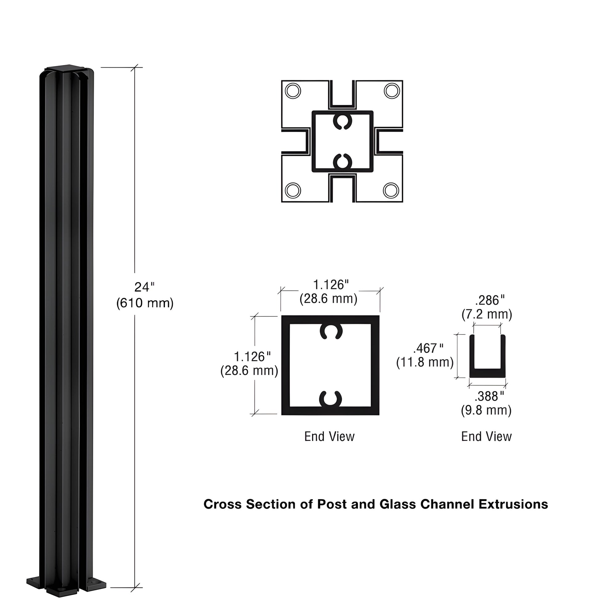 Matte black 24 in 4 way aluminum partition post with U channels for 1/4 in (6 mm) glass