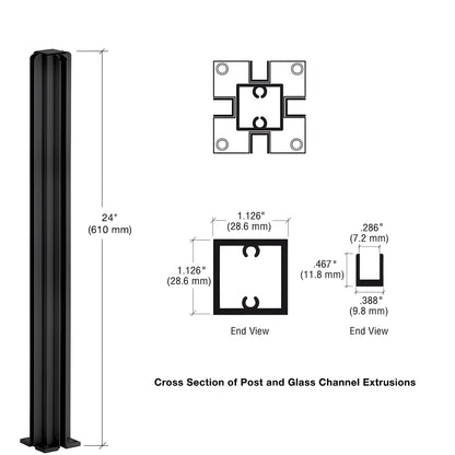 Matte black 24 in 4 way aluminum partition post with U channels for 1/4 in (6 mm) glass