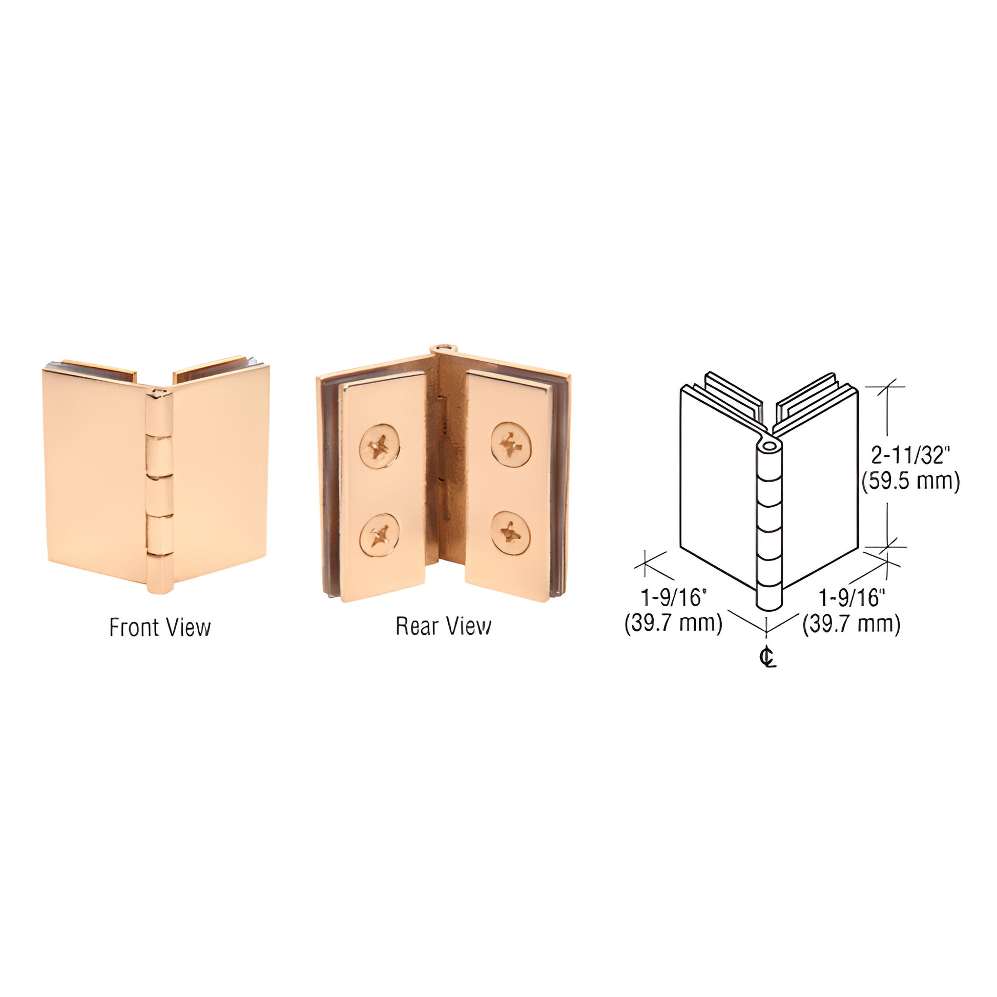 EH252 polished brass double glass-to-glass 90 return hinge, front and rear views, for 1/4-5/16" (6-8mm) glass.