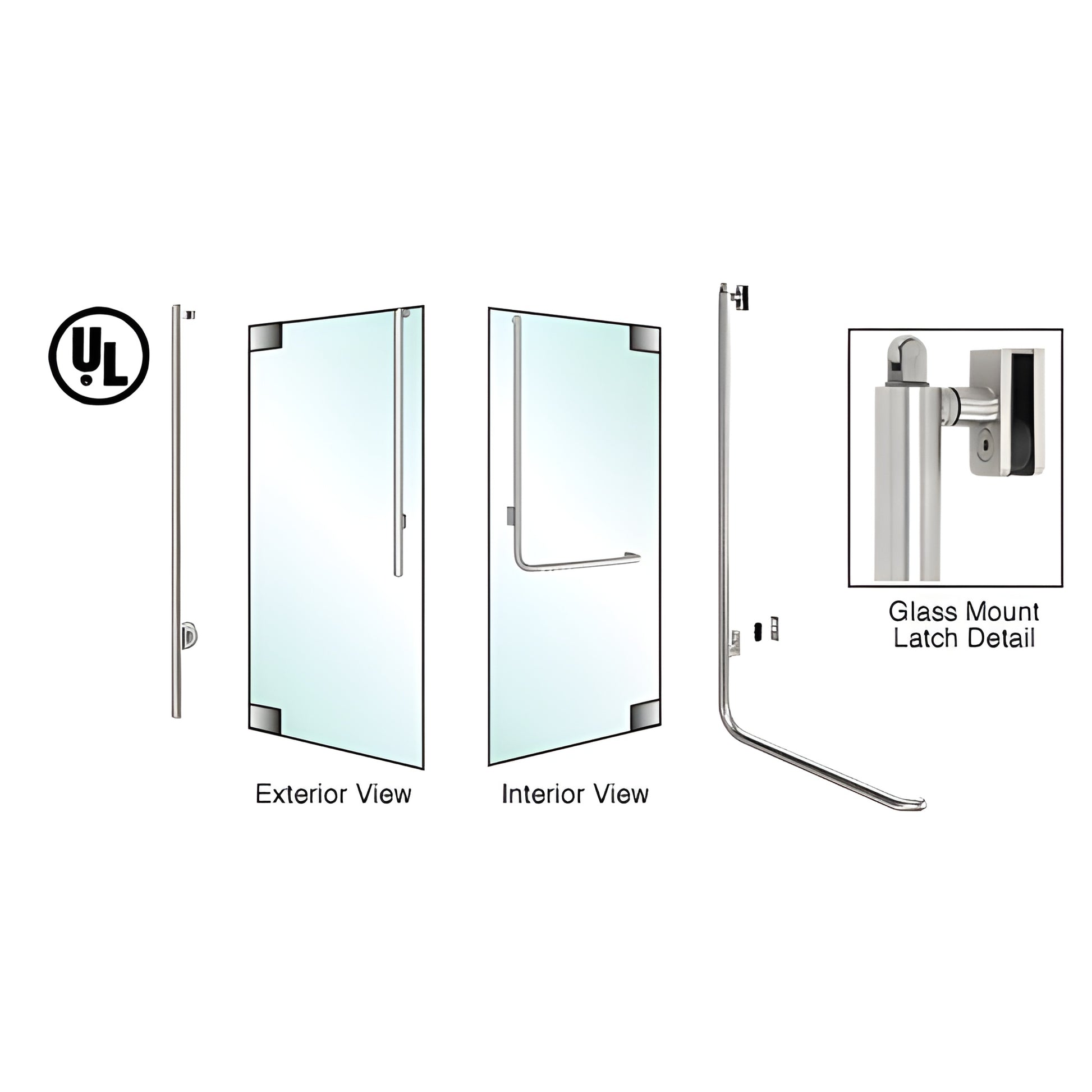 PA100JS4GKPS polished stainless panic handle for 1/2" tempered glass door, slim 1-1/4" vertical tube.