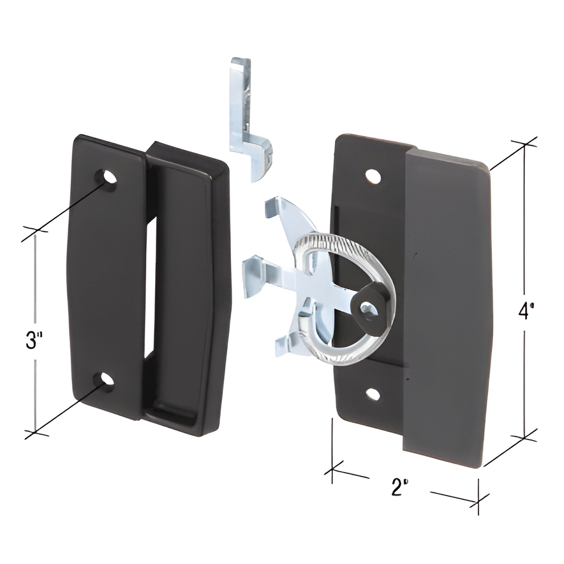Black plastic mortise door pull with steel spring latch set, non-handed, 4"x2"x3" dimensions (SKU A139)