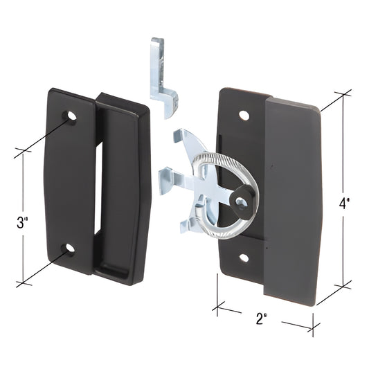 Black plastic mortise door pull with steel spring latch set, non-handed, 4"x2"x3" dimensions (SKU A139)