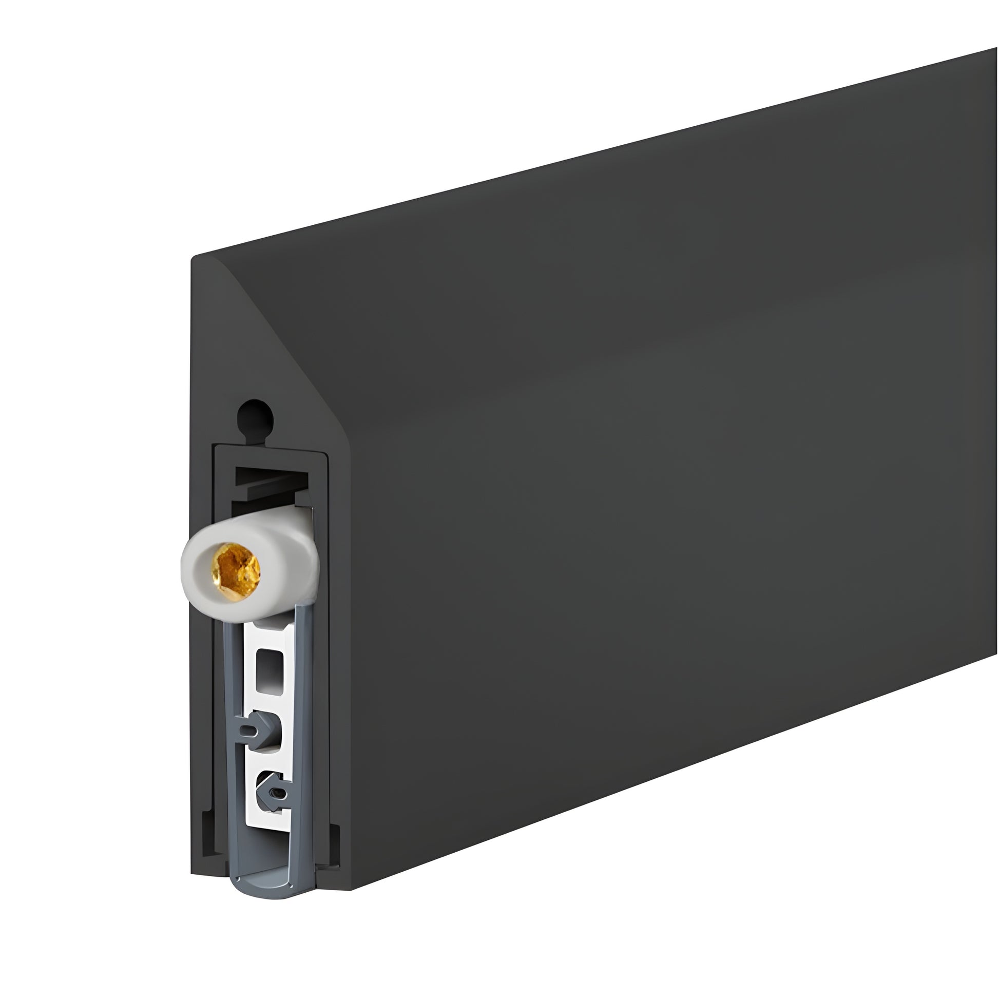 Matte black Fallbrook applied drop-down door seal (SKU FBADSMBL), adjustable up to 5/8 inch, retrofit kit with end caps.