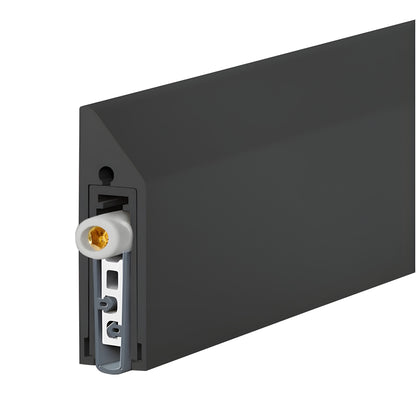 Matte black Fallbrook applied drop-down door seal (SKU FBADSMBL), adjustable up to 5/8 inch, retrofit kit with end caps.