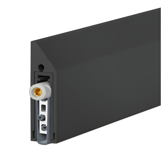 Matte black Fallbrook applied drop-down door seal (SKU FBADSMBL), adjustable up to 5/8 inch, retrofit kit with end caps.