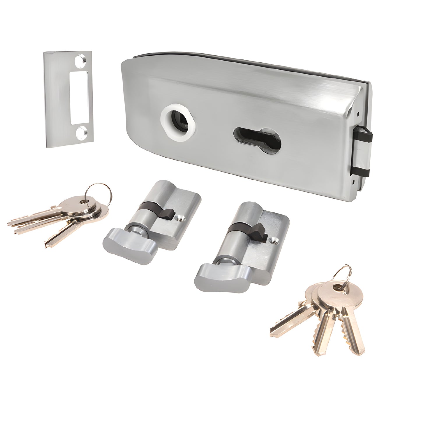 PTH311BS brushed stainless glass-mounted latch set with cylinders, thumbturns, strike plate and keys for 3/8-1/2 glass