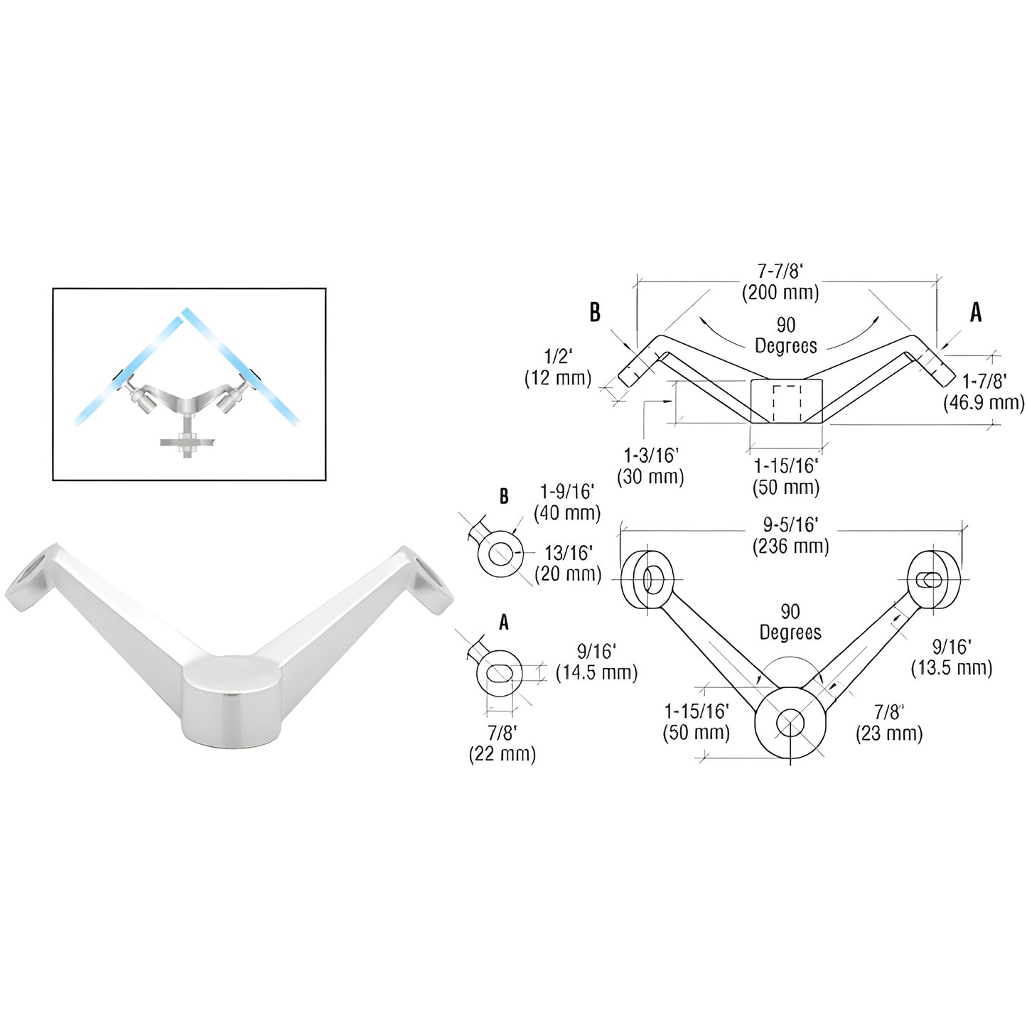 Stainless steel CRL double-arm 90 corner fitting for glass railing, mounts to post, fits glass up to 27mm - SKU PMH2V90PS