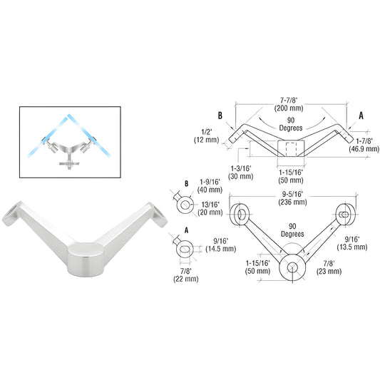 Stainless steel CRL double-arm 90 corner fitting for glass railing, mounts to post, fits glass up to 27mm - SKU PMH2V90PS