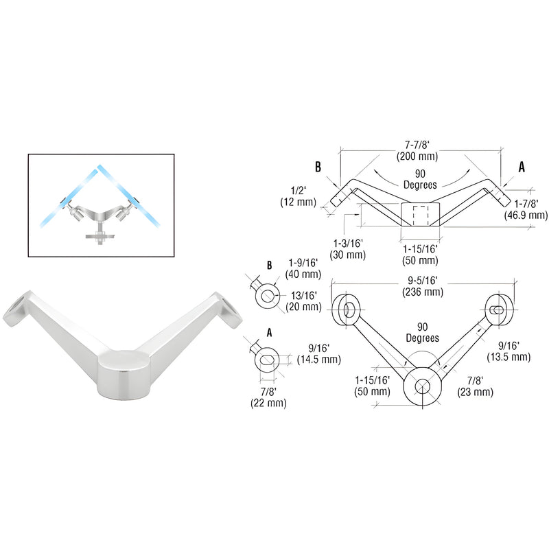 Stainless steel CRL double-arm 90 corner fitting for glass railing, mounts to post, fits glass up to 27mm - SKU PMH2V90PS