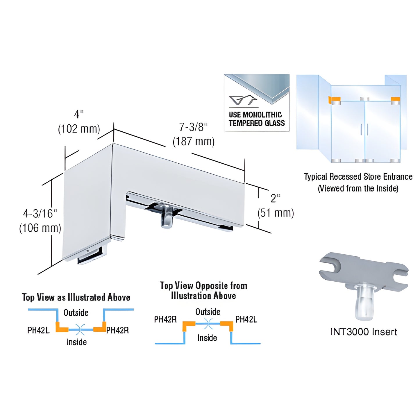PH42LA satin anodized 90 left-hand sidelite transom patch for 3/8 glass with INT300 insert, dimensions shown.