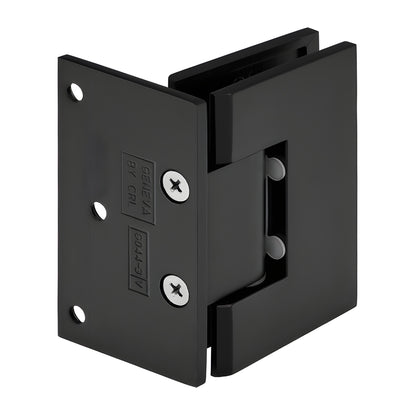 Matte black solid brass frameless shower door hinge (Melbourne MEL044MBL), wall-mount, self-centering, fits 8-12mm glass
