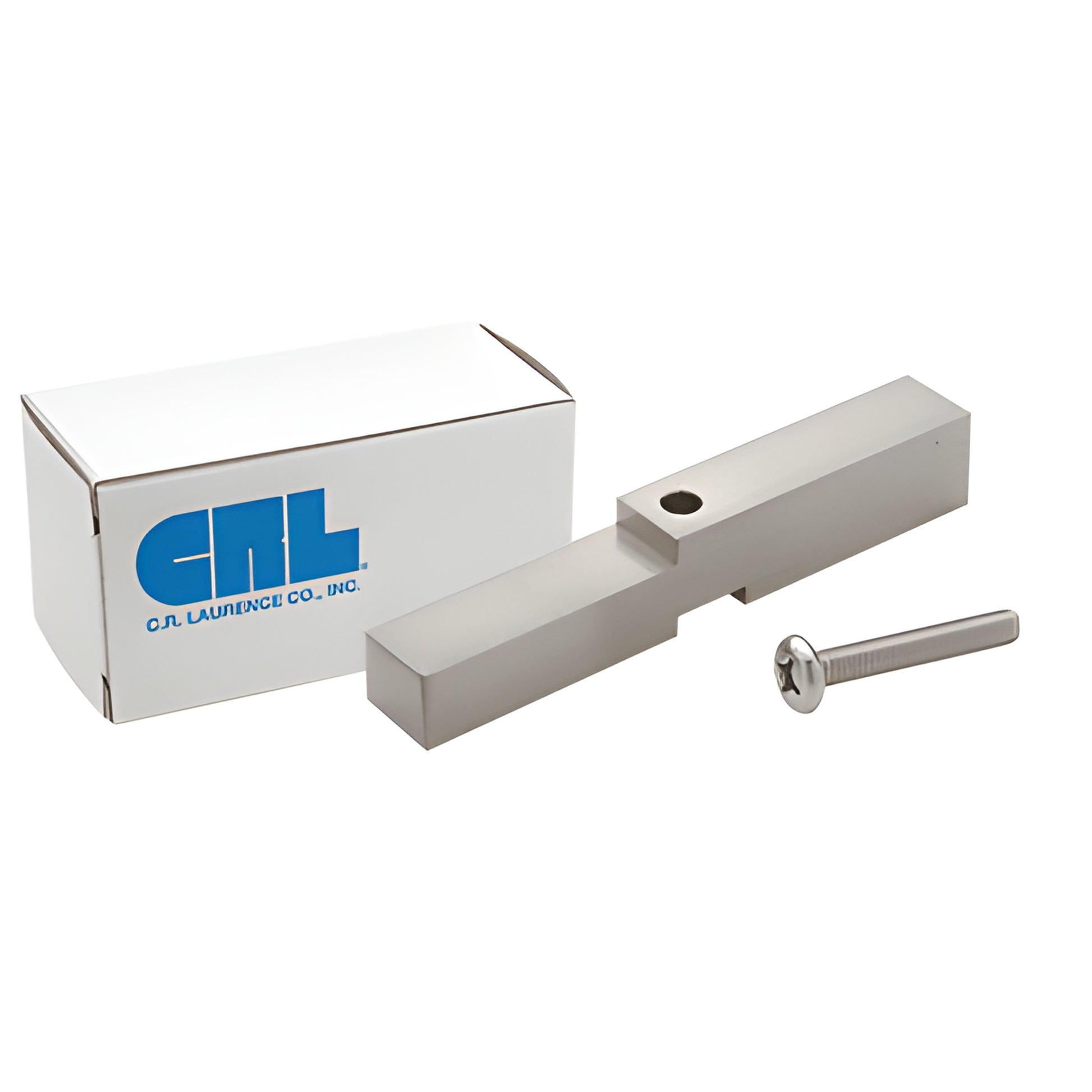 HAB01BN brushed-nickel brass header adapter block with mounting screw for frameless shower pivot hinges, boxed.