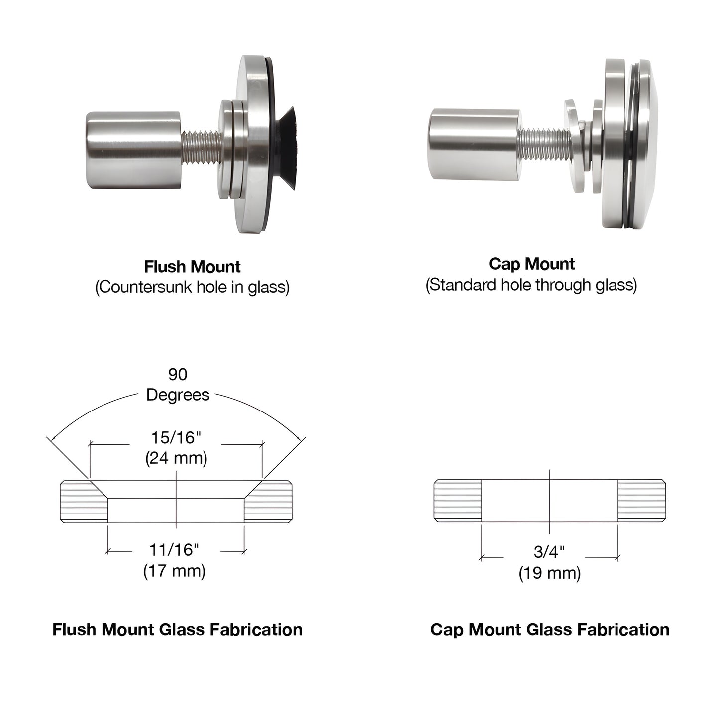 RRF10PS stainless steel low-profile glass attachment fitting for 10-13.52mm tempered glass, supports flush or cap mount