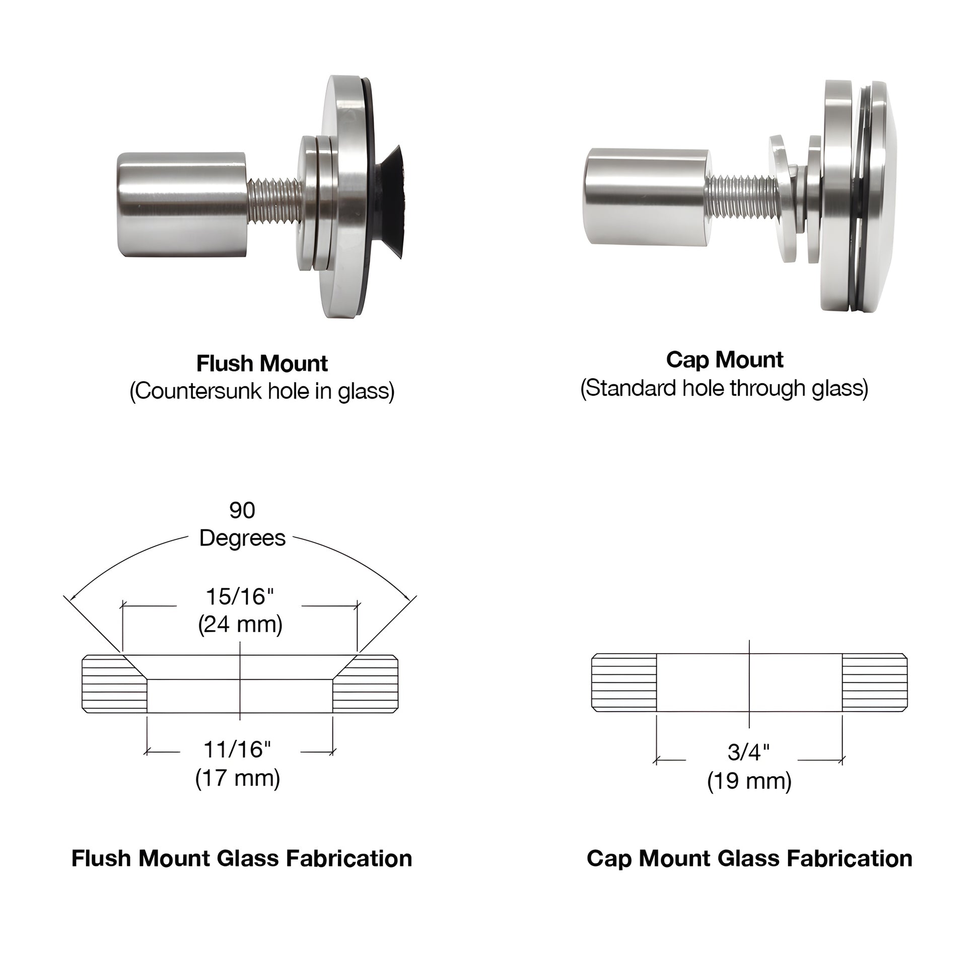 RRF10PS stainless steel low-profile glass attachment fitting for 10-13.52mm tempered glass, supports flush or cap mount