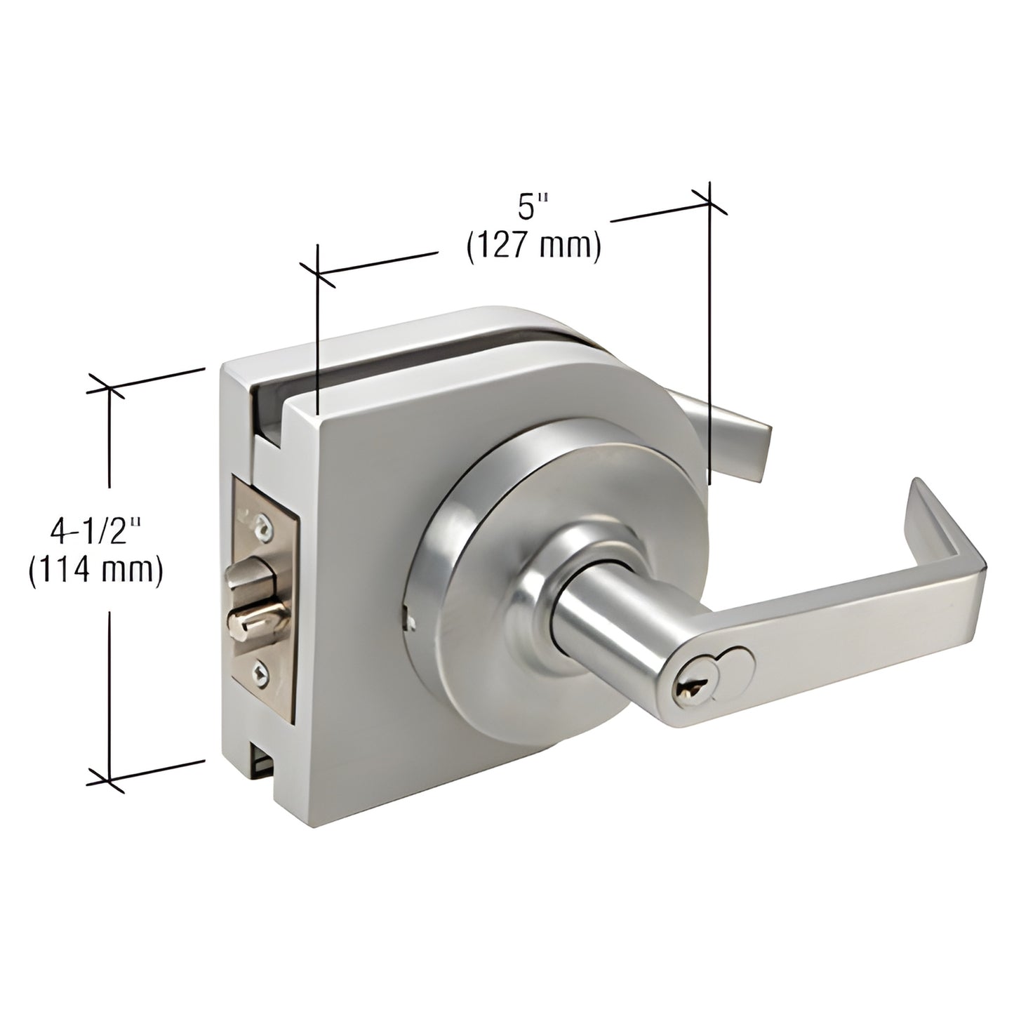 LH82BS brushed stainless round lever lock housing for 3/8-1/2" tempered glass, low-profile, 5" 41 2" dimensions.
