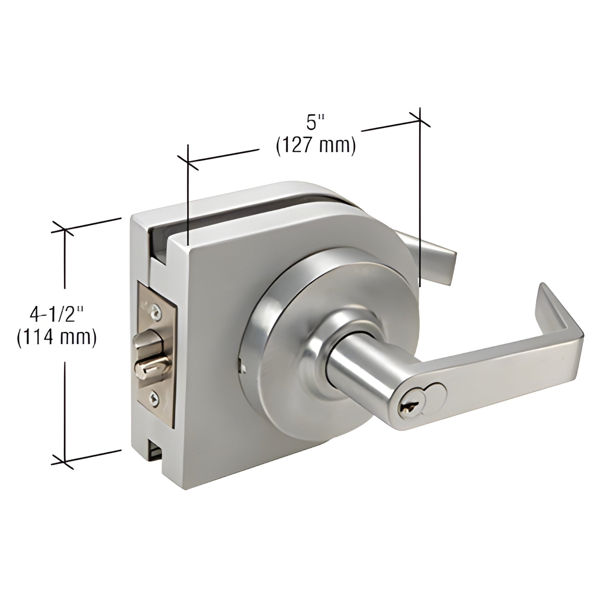 LH82BS brushed stainless round lever lock housing for 3/8-1/2" tempered glass, low-profile, 5" 41 2" dimensions.