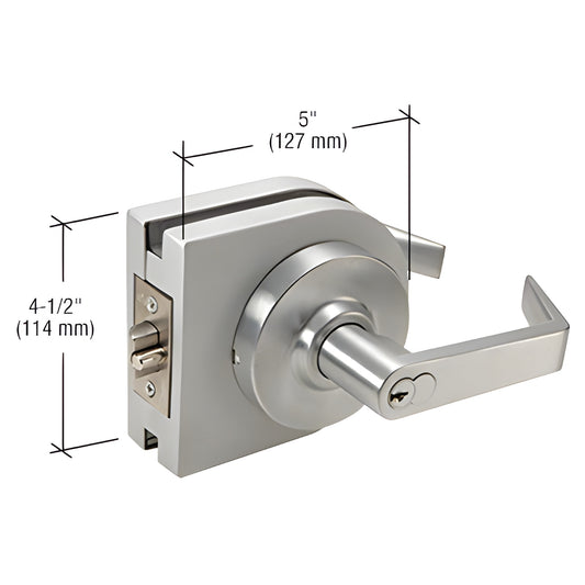 LH82BS brushed stainless round lever lock housing for 3/8-1/2" tempered glass, low-profile, 5" 41 2" dimensions.