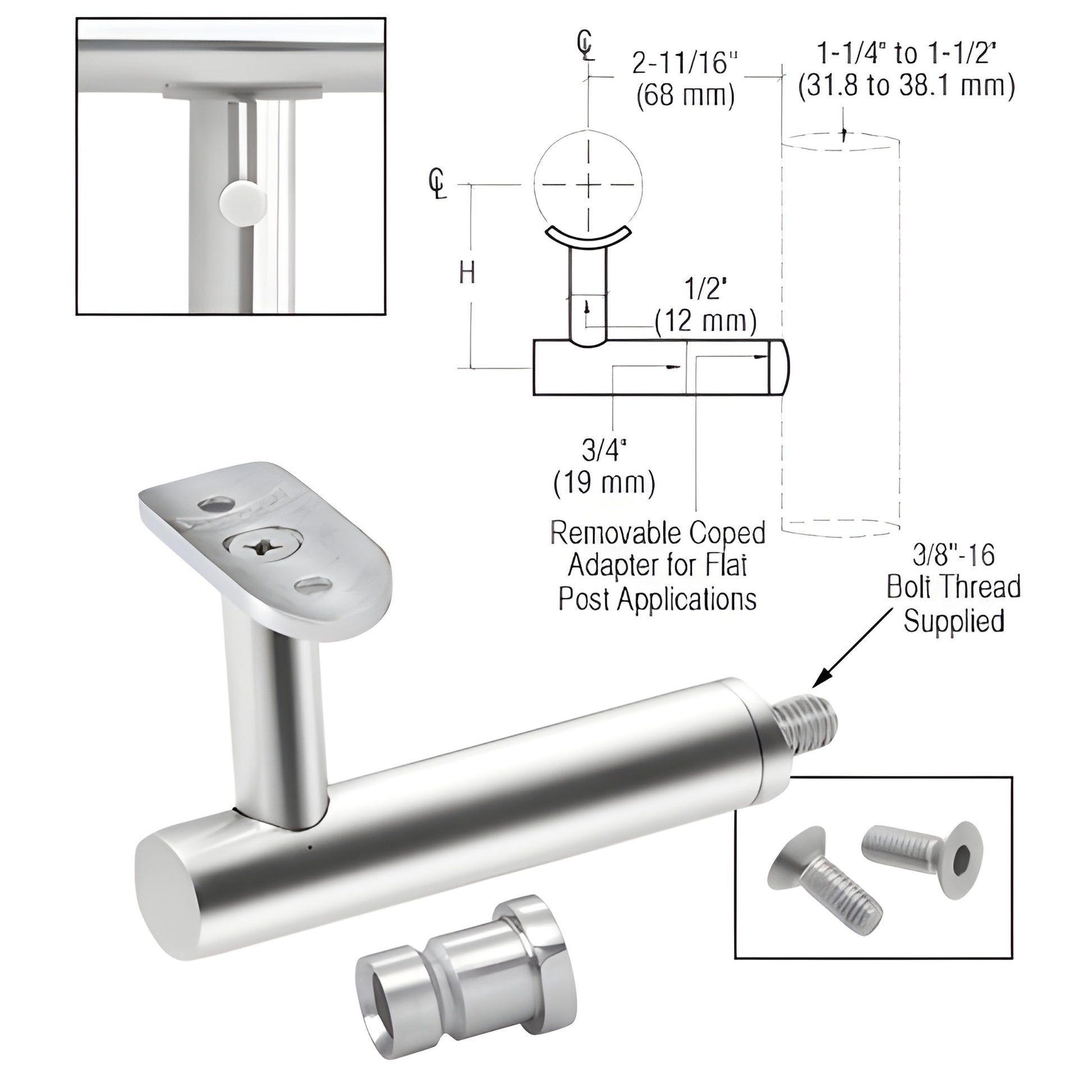 CRL HR2EPPS polished 316 stainless post-mounted handrail bracket for 1-1/2 to 2" tubing, includes stud and screws