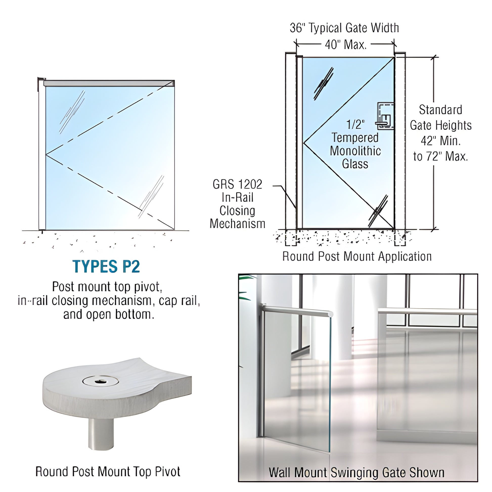 Brushed stainless steel swinging glass gate SKU 1202P2BSC - fits 3/8-1/2 tempered glass, up to 40 wide, 42-72 high.