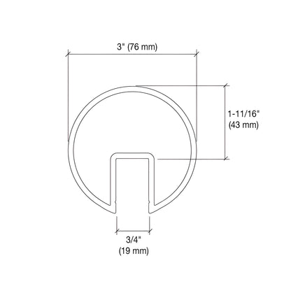 GR30SA satin-anodized 3 in aluminum cap rail extrusion for 1/2-5/8 in glass (6063-T6)