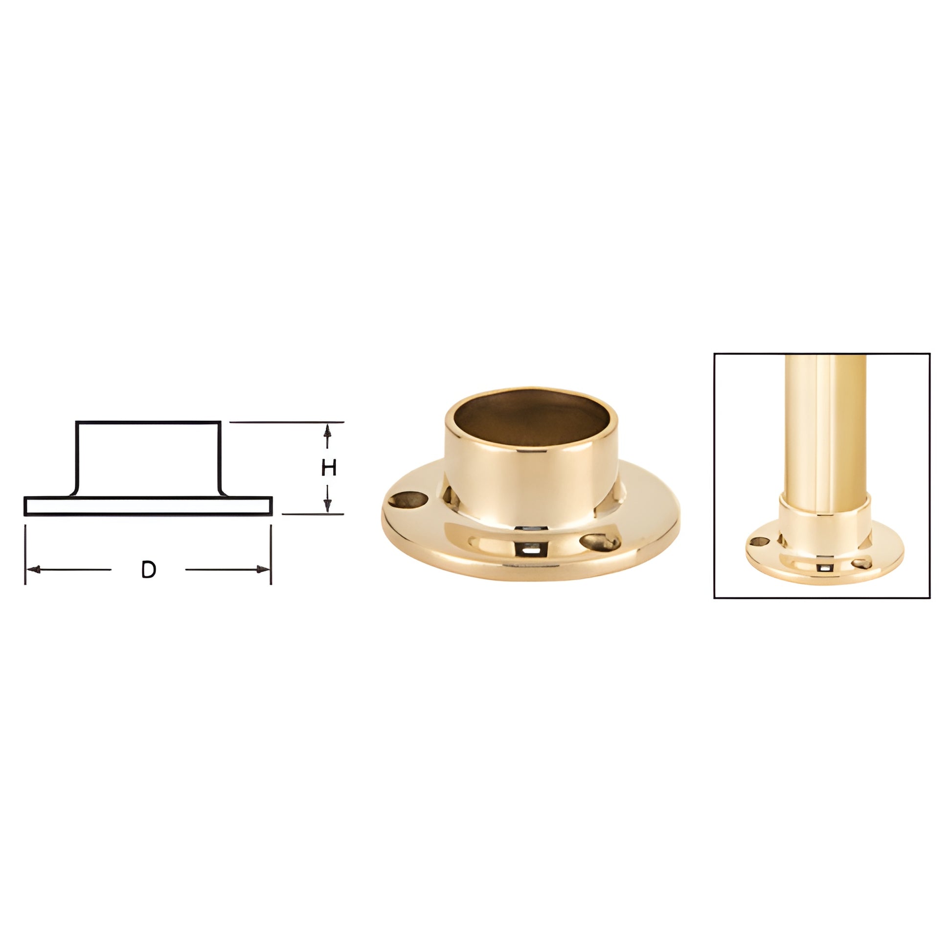 Polished brass full flange for partition post, 3-15/16 in (100 mm) diameter, 1-3/16 in height - SKU HR20YPB
