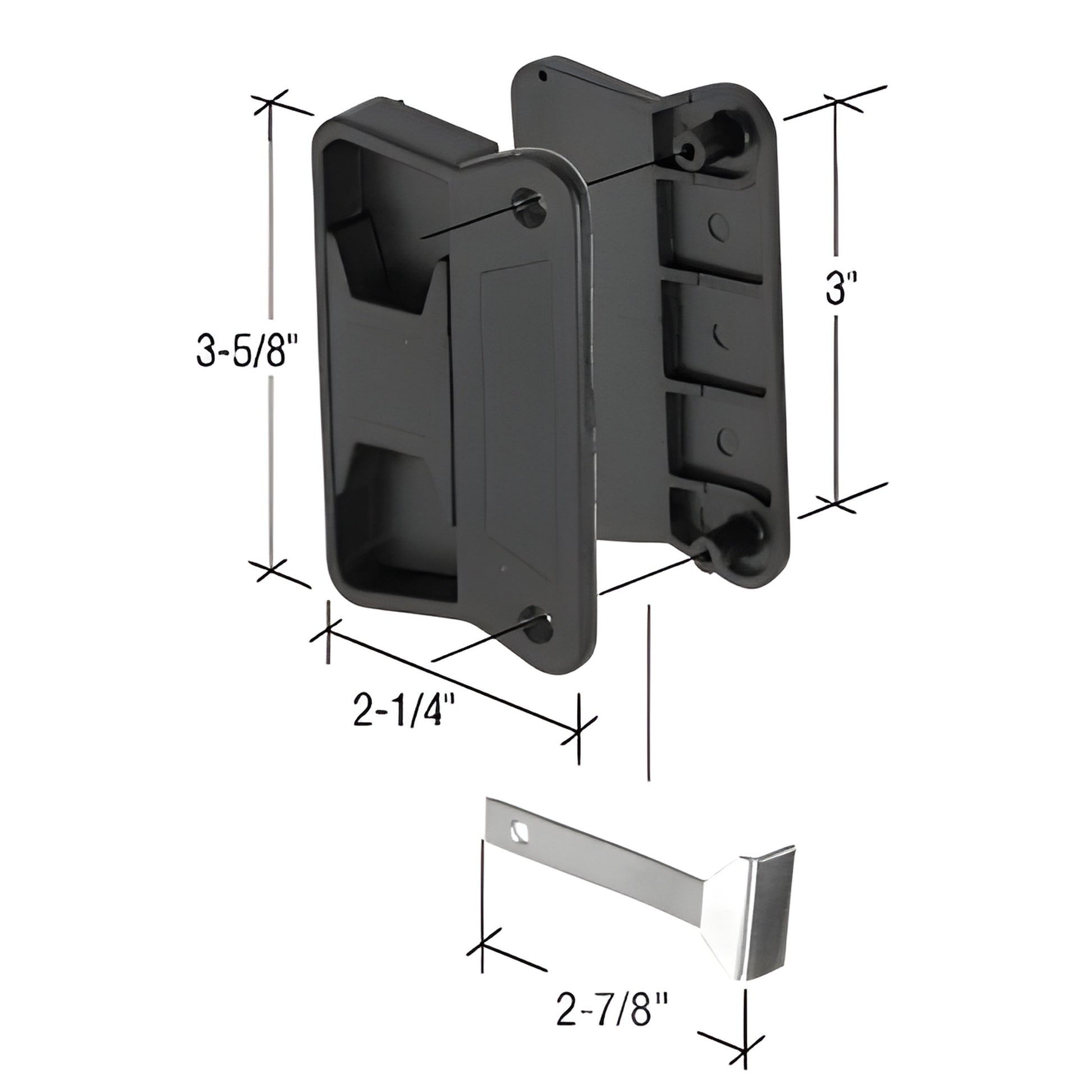 Black mortise-style screen door latch and plastic pull with 2-7/8" steel latch, fits Superior Aluminum doors (SKU A201)