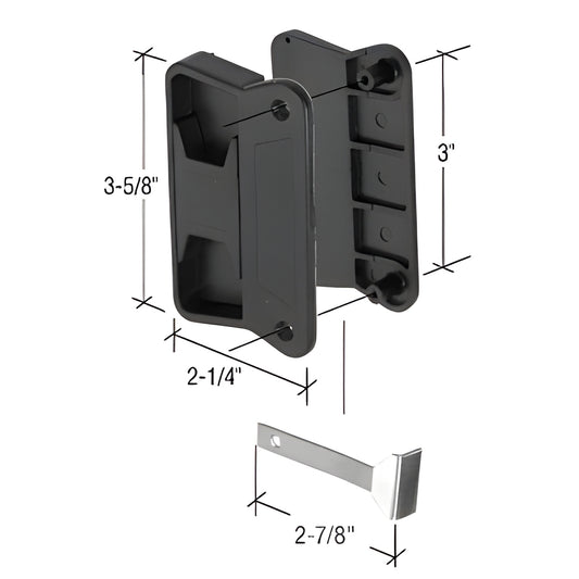 Black mortise-style screen door latch and plastic pull with 2-7/8" steel latch, fits Superior Aluminum doors (SKU A201)