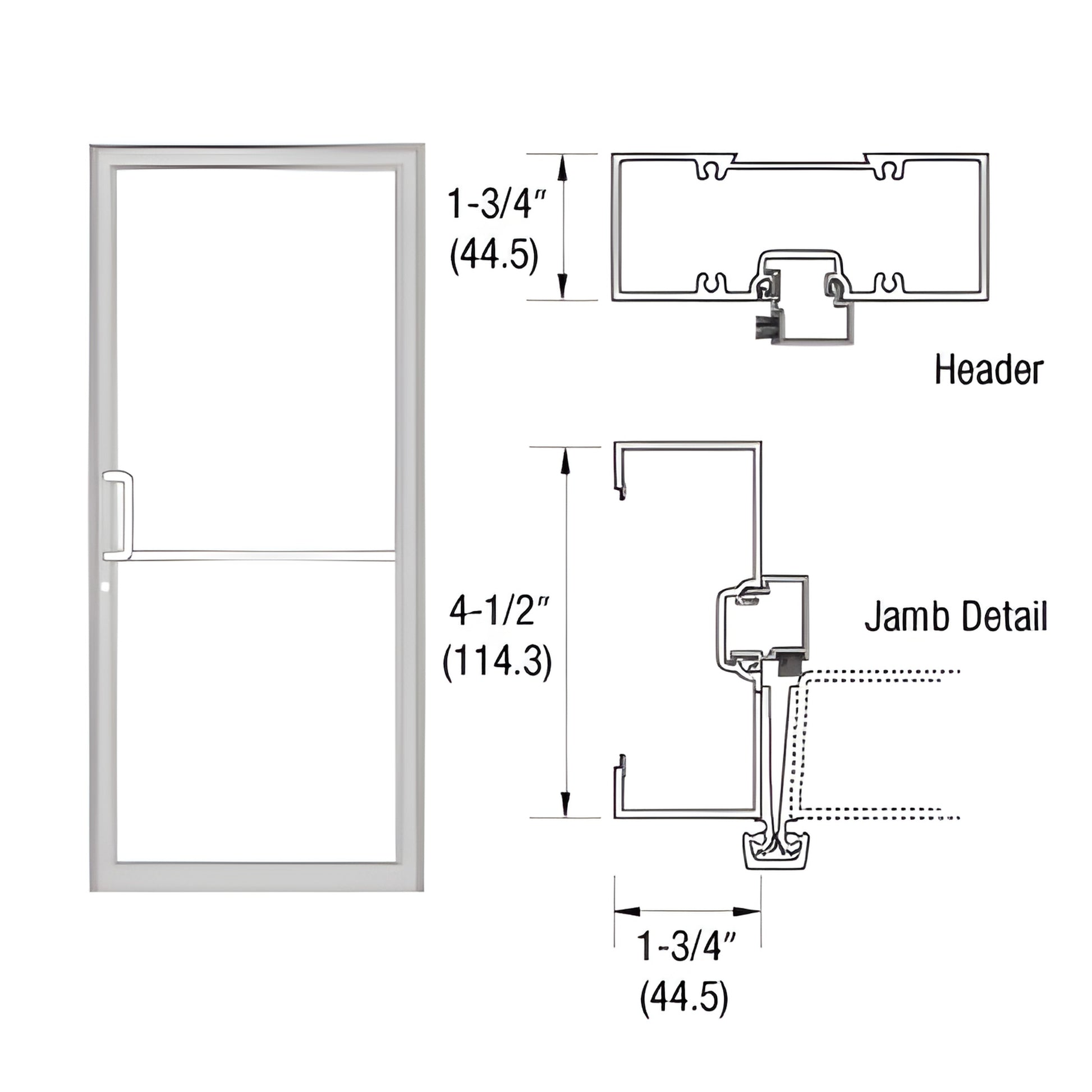 Clear anodized 1-3/4" x 4-1/2" gear-hinge up-and-over door frame with open back jambs and header/jamb detail (SKU 0B41811)