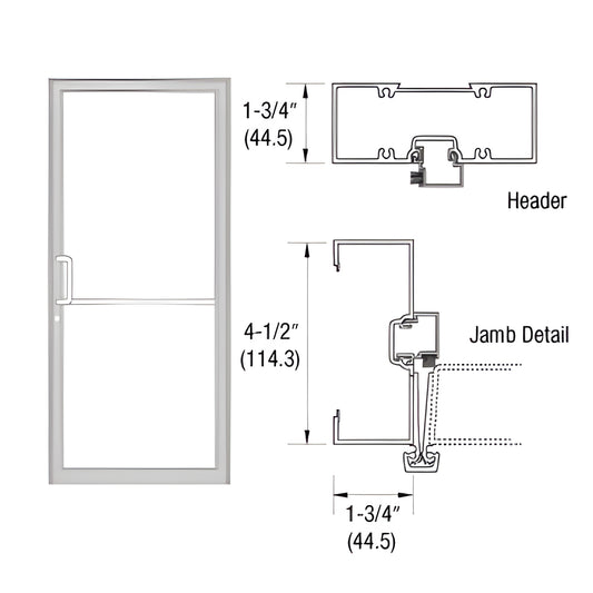 Clear anodized 1-3/4" x 4-1/2" gear-hinge up-and-over door frame with open back jambs and header/jamb detail (SKU 0B41811)