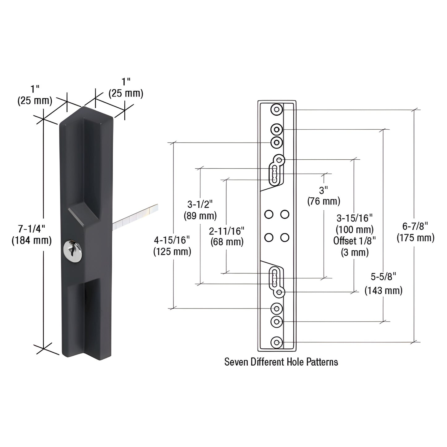 Black aluminum outside pull with key cylinder, 7-1/4 long, surface-mount, multiple hole-spacing patterns (SKU C1139)