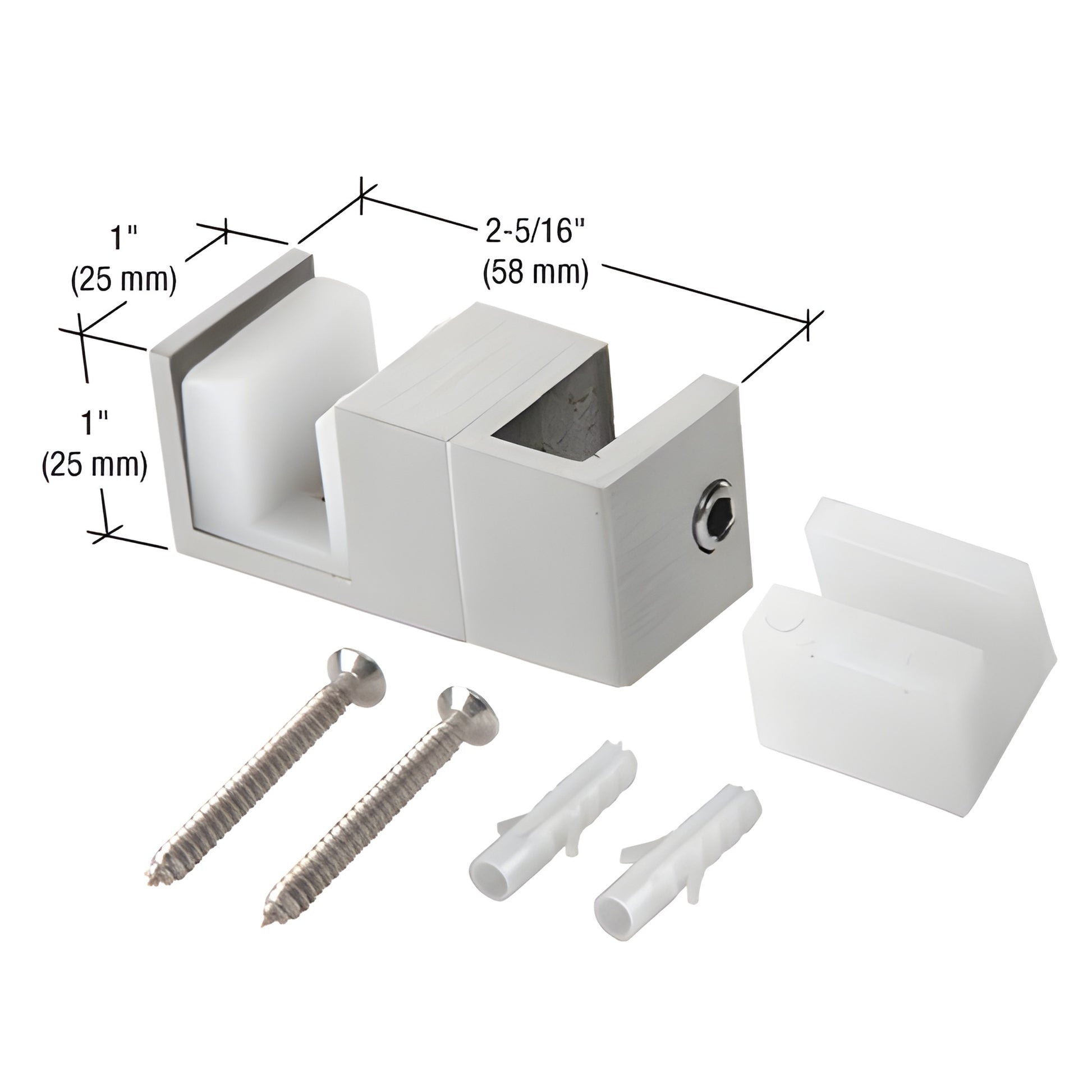 SERUG2BS brushed stainless steel sliding door guide with interchangeable nylon inserts and mounting screws, for 8-10mm glass