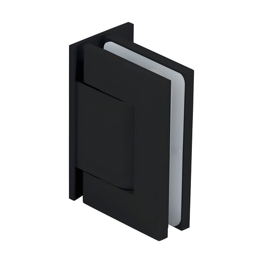 Matte black oil-damped wall-mount hinge for frameless glass doors, self-closing, fits 8-14mm glass (SKU H8211BTMBL)