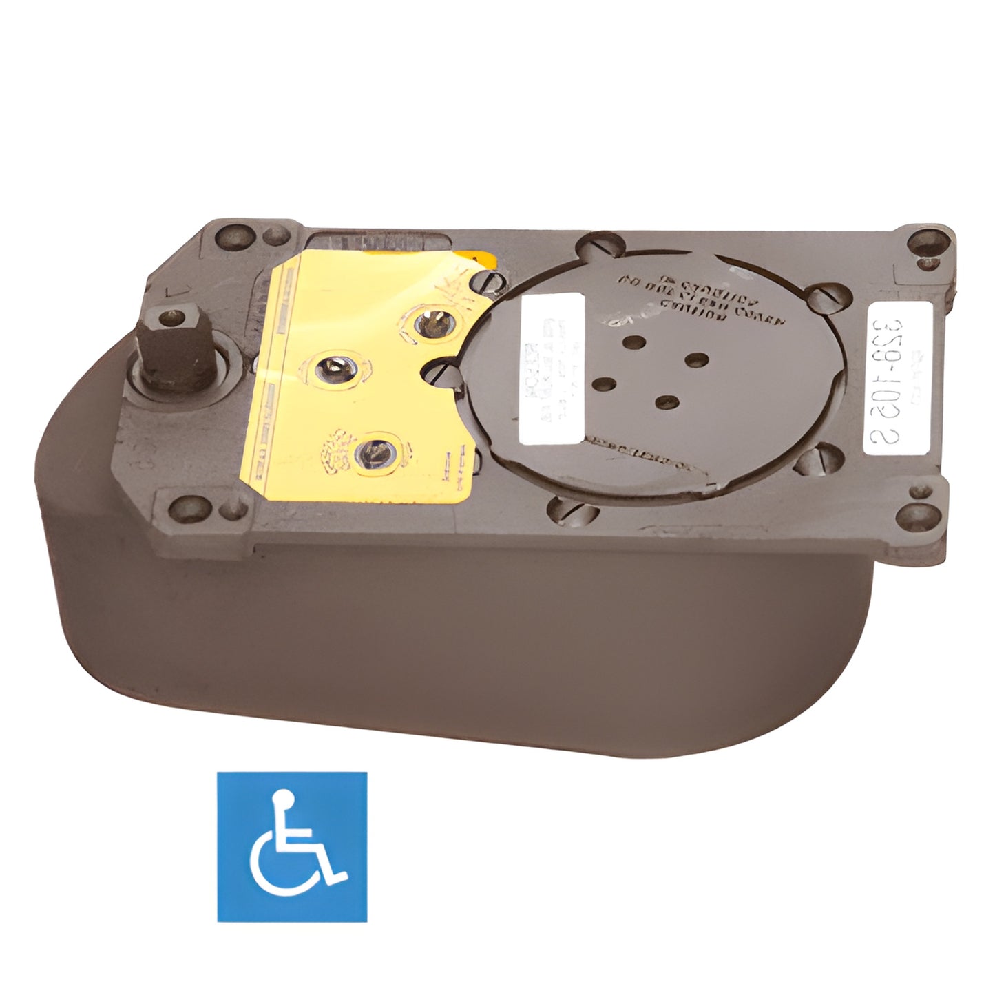 Rixson Model 328 floor-mounted center-hung door closer (SKU PH328105SH0R85), ADA compliant, brown metal with yellow plate.